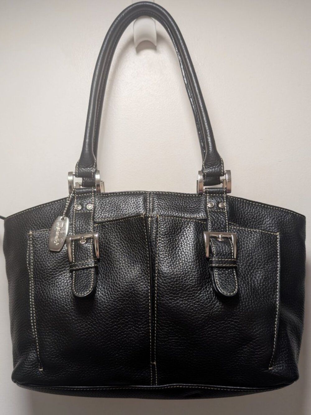 Vintage Black Real Leather Dark Academia Structured Shoulder Satchel Tote Bag